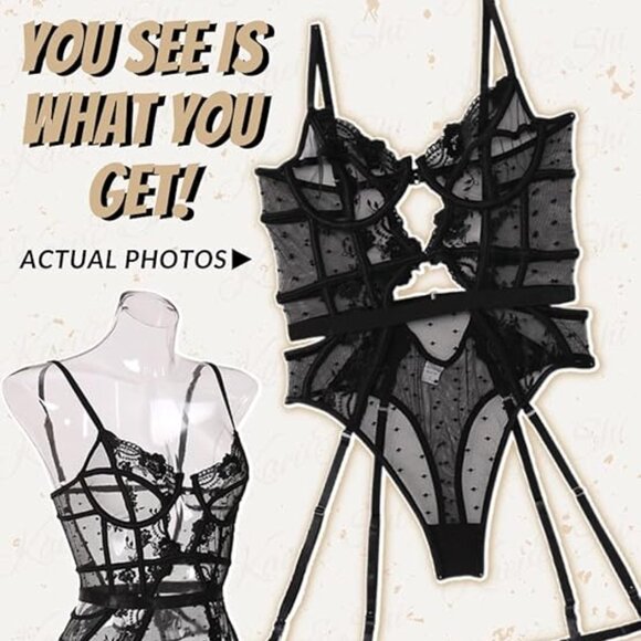 Kaei&Shi Black Floral Underwire Removable Garter Thigh Straps Bodysuit Small - Picture 5 of 8
